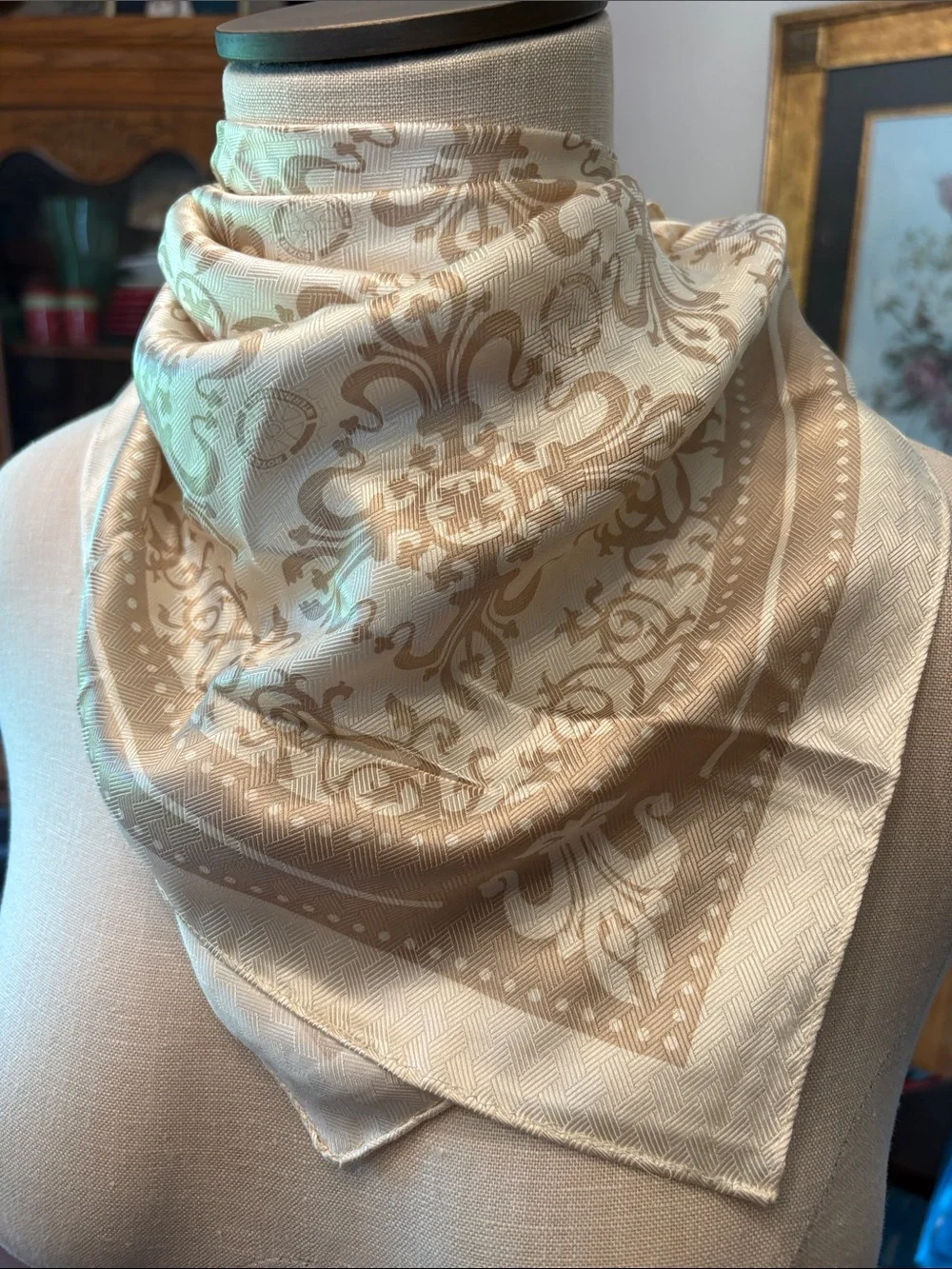 Vintage Russell Hampton beige and cream silk patterned scarf